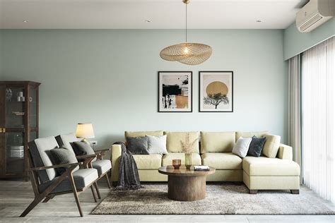 Living Room Design With A Yellow L-Shaped Sofa | Livspace