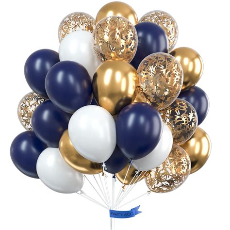 Buy PartyWoo, 12 Inch Navy Blue, Gold Metallic, Confetti White Balloons ...