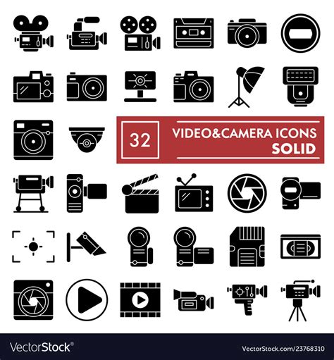 Videocamera glyph icon set camera symbols Vector Image