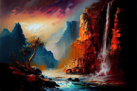 Premium AI Image | A painting of a waterfall with a sunset in the background.