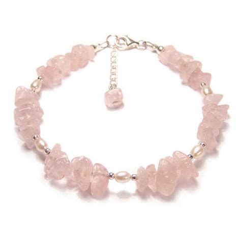 Rose Quartz & Pearl Gemstone Bracelet Sterling Silver Pink Semi Precious Gem Stone, Heart Stone ...