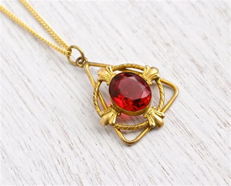 SALE Antique Ruby Red Stone Necklace Edwardian 1900s Gold