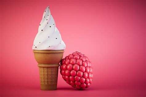 Premium Photo | Raspberry ice cream in a waffle cup an ice cream cone next to a raspberry on a ...