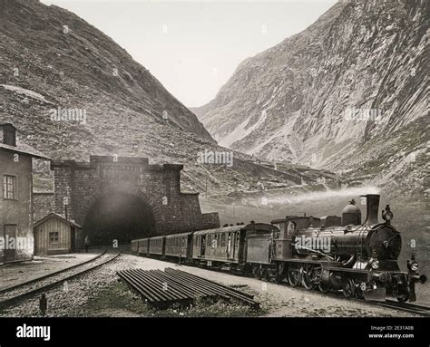 Vintage 19th century photograph: The Gotthard Tunnel is a 15,003 m (49,221 ft) long railway ...