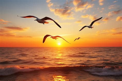 Premium Photo | Seagulls flying in formation against a sunset sky