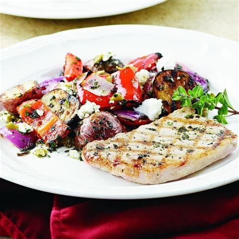 Marjoram-Rubbed Pork & Grilled Potato Salad Recipe - EatingWell