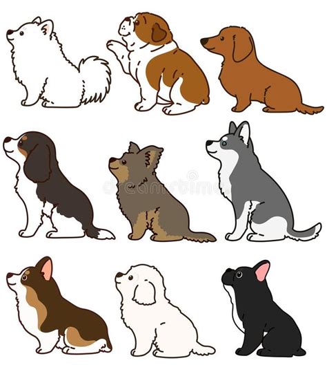 Set of outlined cute and simple dogs sitting in side view vector ...