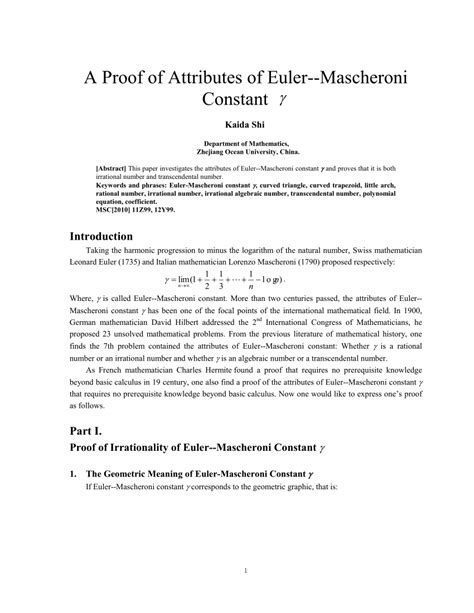 (PDF) A Proof of Attributes of Euler--Mascheroni Constant