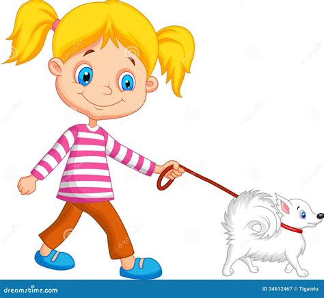 Cute Cartoon Girl Walking With Dog Royalty Free Stock Photography ...