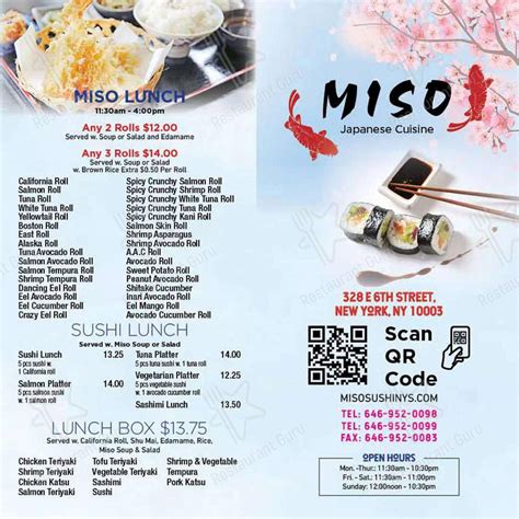 Menu at Miso Sushi restaurant, New York City