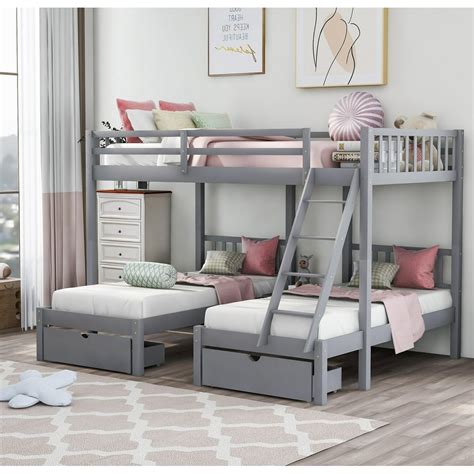 Kids Full Over Twin & Twin Triple Bunk Bed, Wooden Bed Frame with Storage Drawers Ladder Stairs ...