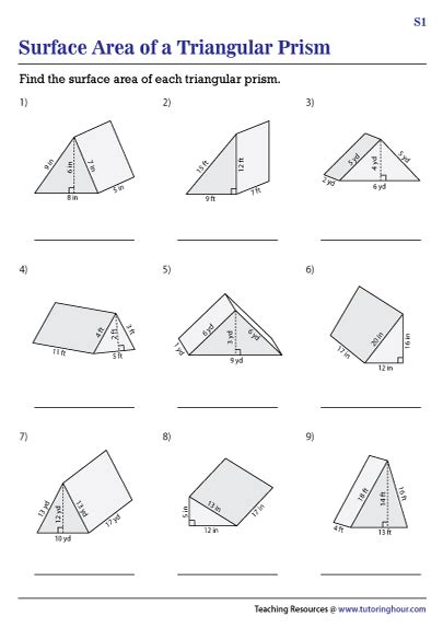 Surface Area of a Triangular Prism Worksheets