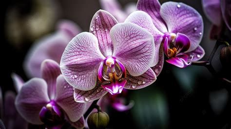 Purple Orchids With Water Droplets On Their Petals Background ...