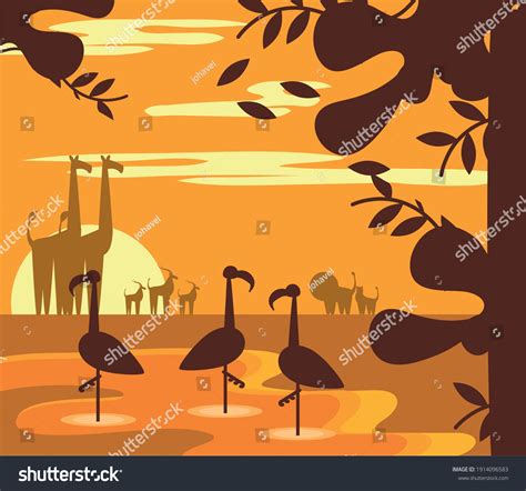 Animals Jungle Sunset Landscape Cartoon Silhouette Stock Vector (Royalty Free) 1914096583 ...