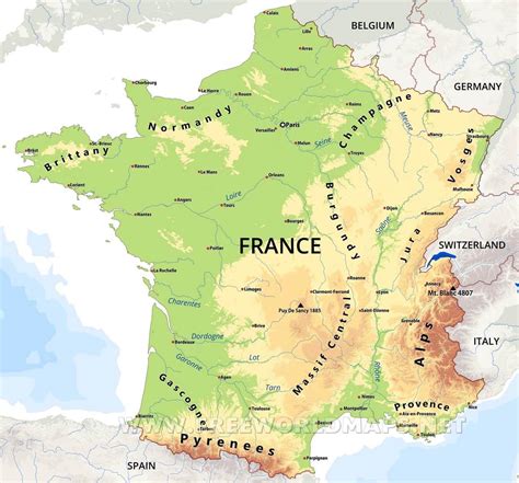 Mountains in France map - Mountain ranges in France map (Western Europe - Europe)