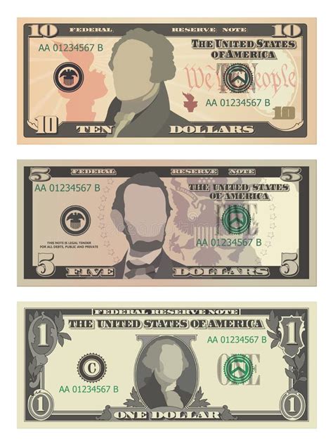 Set of Ten Dollars, Five Dollars and One Dollar Bills from Obverse Stock Vector - Illustration ...