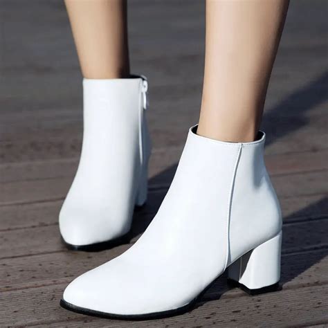 White Ankle Boots for Women Chunky Boots High Heel Autumn Winter Pointed Toe Booties Woman ...