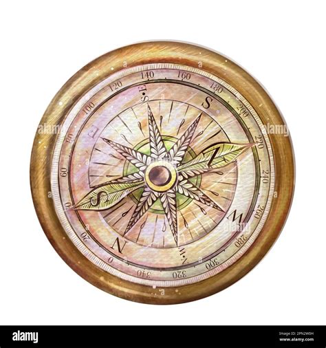 Vintage gold compass watercolor freehand drawing isolate. Hand drawing ...