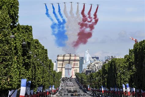 Flyover conducted by the French Alpha jets in the Bastille Day parade in Paris, France on July ...