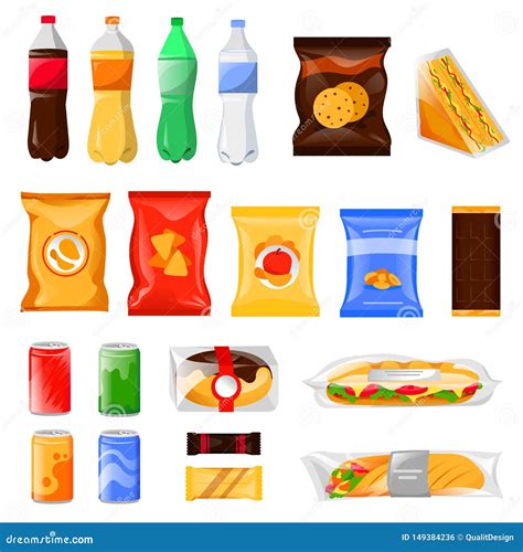 Snack And Fast Food Products Set. Cartoon Meal And Drinks Vector ...