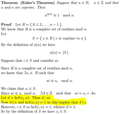 number theory - Question in the stage of the proof in Euler's theorem ...