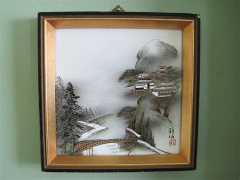 Asian Wall Art Japanese Painting Framed on Ceramic Vintage