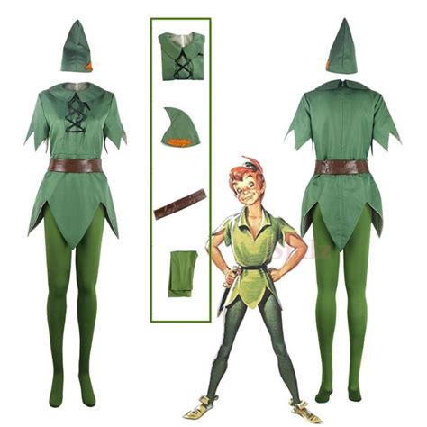 Movie Peterpan Peter Pan Cosplay Costume Male Version Green Top Pants Hat Belt Halloween ...