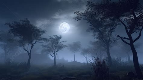 Moonlit Mystic Forest In Fog A 3d Rendered Night Scene Background ...