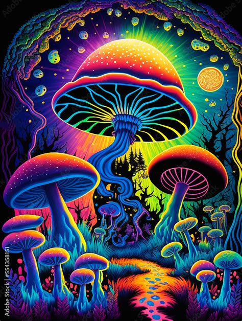 Bright Psychedelic Mushrooms Generative AI Stock Illustration | Adobe Stock