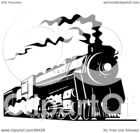 Royalty-Free (RF) Clipart Illustration of a Black And White Steam Train Traveling Along The ...