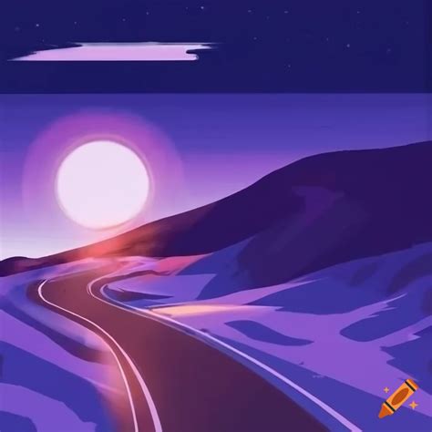 Purple sun and winding road in snowy landscape