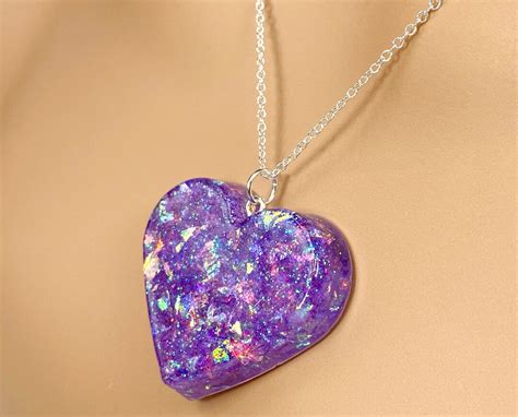 Purple Sparkle Heart Necklace, Purple Heart Necklace, Faux Opal Necklace, Handmade From Resin ...