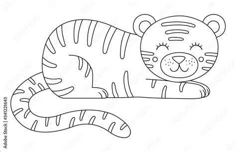 Vector cute tiger outline. Funny tropical exotic animal black and white illustration. Fun ...