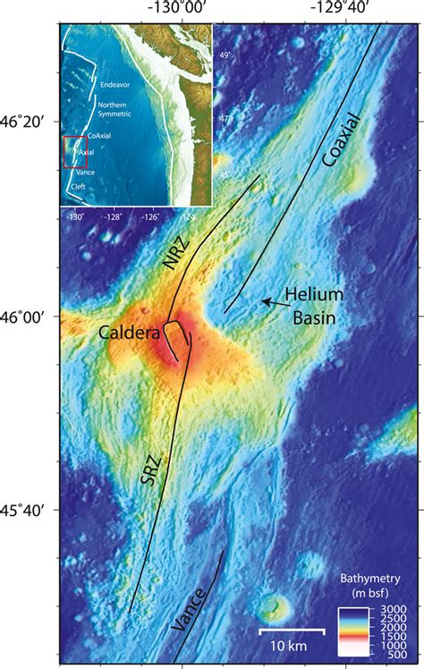 Bathymetric map of Axial Seamount with components of the volcanic ...