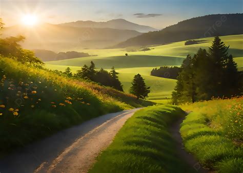 Puesta De Sol En Las Montañas Con Un Camino Colinas Verdes Hermosa Naturaleza De Fondo, Puesta ...