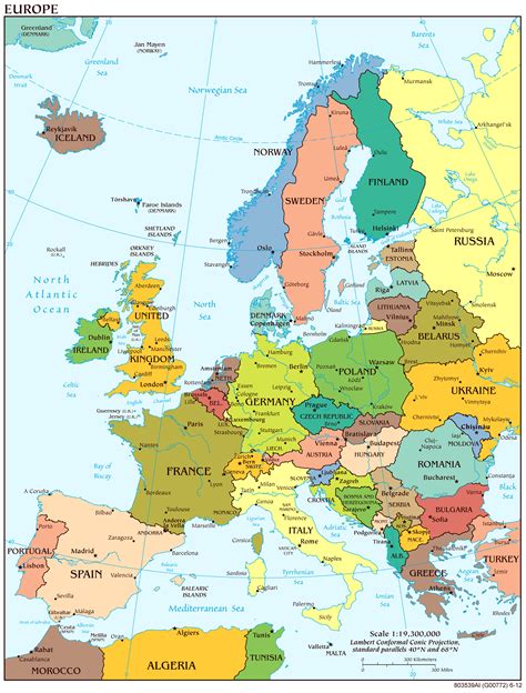 Large detailed political map of Europe with capitols and major cities ...