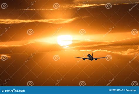 Plane is Taking Off at Sunset Stock Illustration - Illustration of ...