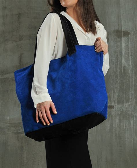 Blue Leather Tote Bag, Large Leather Shoulder Bag, Suede Shopping Bag, Suede Tote Bag, Cobalt ...