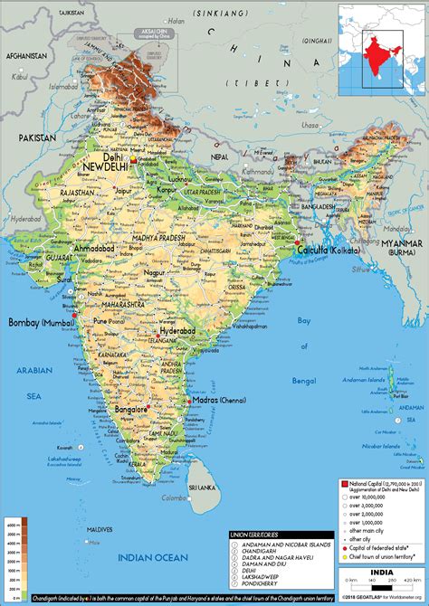 Large size Physical Map of India - Worldometer