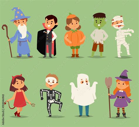 Cartoon cute kids wearing Halloween costumes vector characters. Little ...