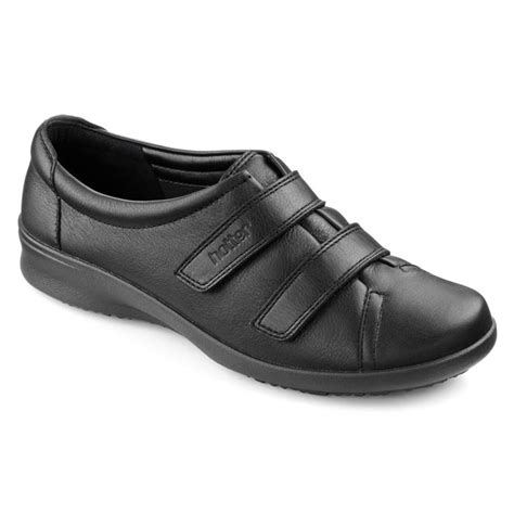 Hotter Womens Leap Extra Wide Jet Black Leather Velcro Shoes