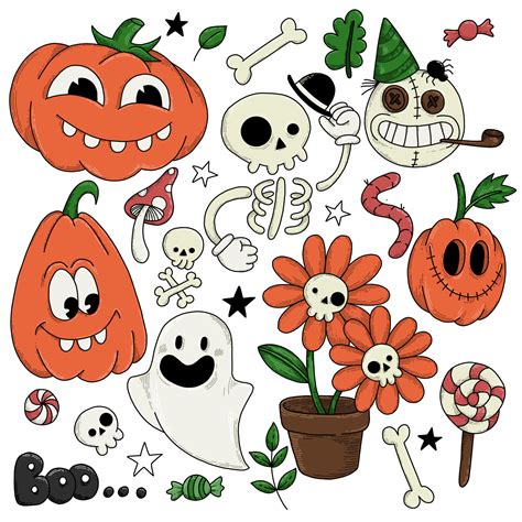 vector drawing. set of elements for the holiday of halloween in the style of cartoons 30s. cute ...