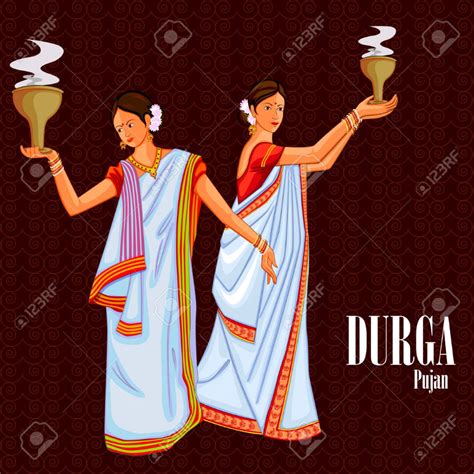 easy to edit vector illustration of ladies dancing with dhunuchi for Happy Durga Puja India ...