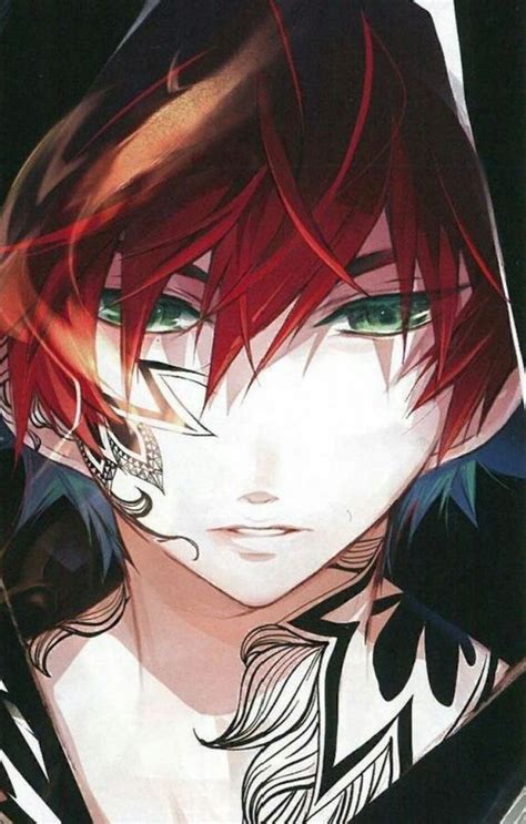 Anime Guy | Red Hair | Green Eyes | Tattoos | Hood | Art | Anime red ...