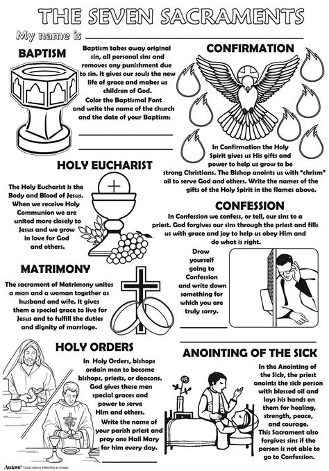 the seven sacraments and their meanings are shown in this black and white poster, which includes