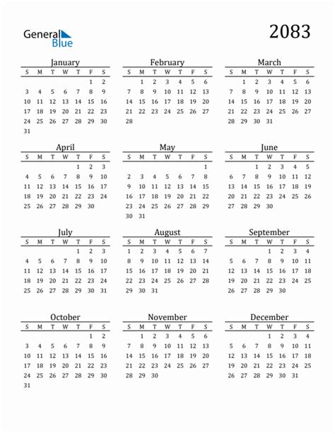 Free 2083 Calendars in PDF, Word, Excel