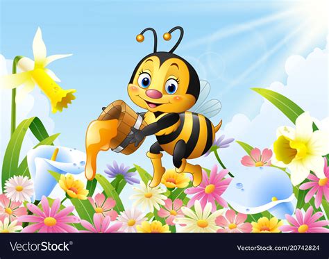 Cartoon bee holding honey bucket with flower Vector Image