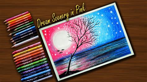 Dream Scenery in Pink for Beginners with Wax Crayons | step by step ...