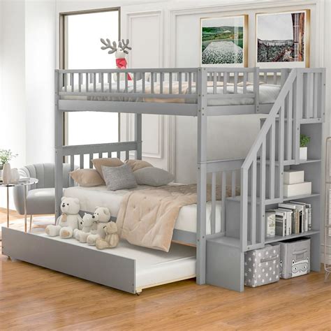 Modern Twin Over Twin Wood Bunk Bed with Trundle and Storage, Solid Hardwood Twin Bunk Bed Frame ...