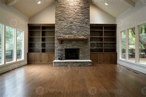 Empty room interior with grouted stone fireplace. Generative AI ...